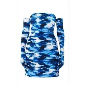 Miscreants US 10 UK14 Ruched Cupid Mini Dress And Gloves Blue Marble Swirl Party